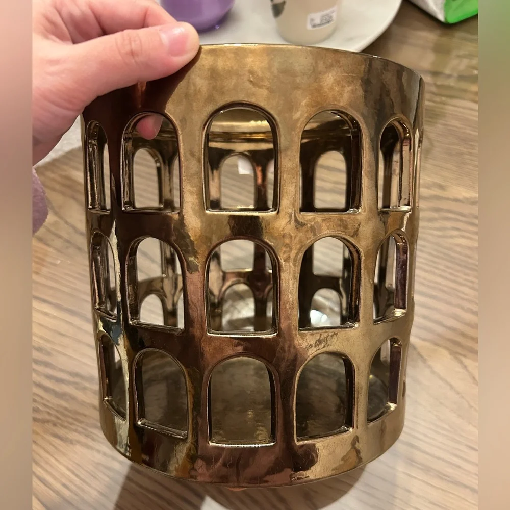 West Elm Ceramic Bronze Burnt Gold Round Colosseo Lantern - Picture 1 of 3